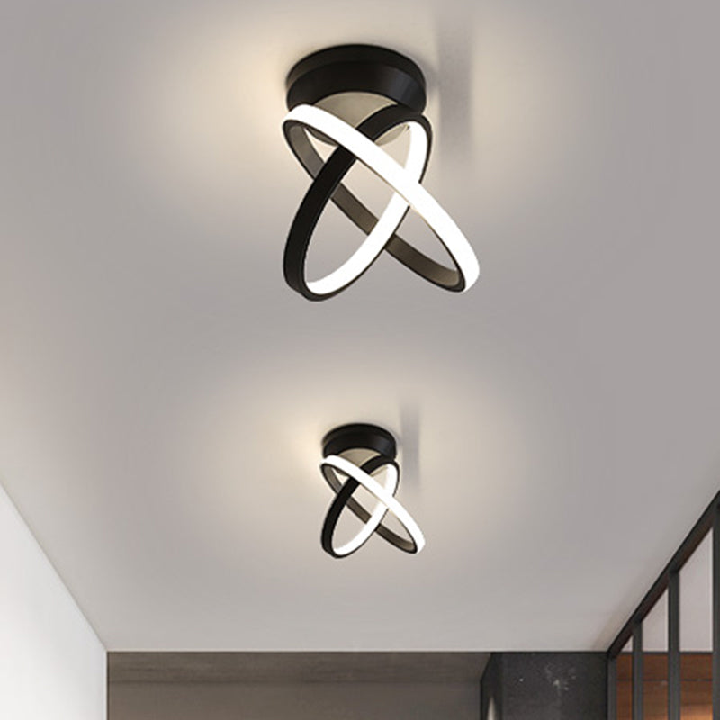 Minimalist Led Flush Mount Ceiling Light - Crossed Rings Design In Black/White