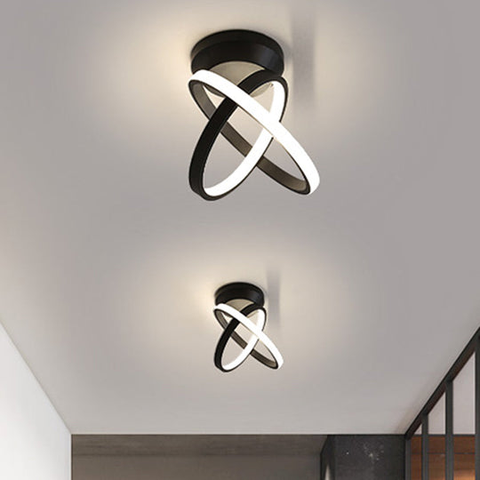 Minimalist Led Flush Mount Ceiling Light - Crossed Rings Design In Black/White