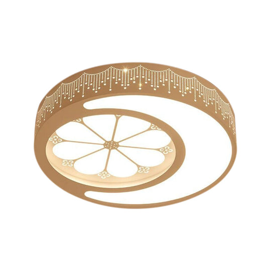 Children's Metallic Ceiling Lamp: Circular LED Flush Mount Light with Crescent and Flower Design for Girl's Bedroom