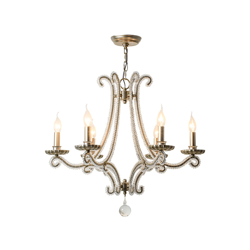 Crystal Beaded Chandelier With 6 Lights In Countryside Silver Candle Style - Perfect For Living Room