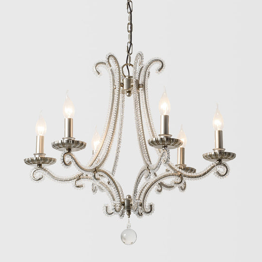 Crystal Beaded Chandelier With 6 Lights In Countryside Silver Candle Style - Perfect For Living Room