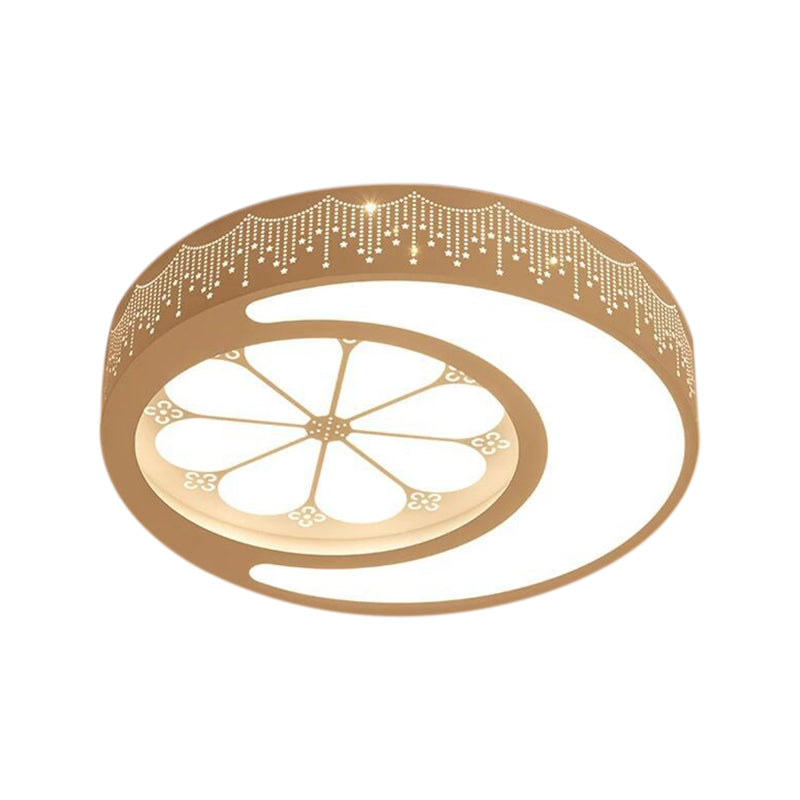 Childrens Metallic Ceiling Lamp: Circular Led Flush Mount Light With Crescent And Flower Design For