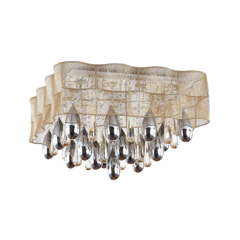 Sleek 15-Head Crystal Drip Flush Mount Ceiling Light with Beige Sheer Shade