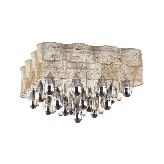 Sleek 15-Head Crystal Drip Flush Mount Ceiling Light With Beige Sheer Shade