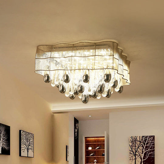 Sleek 15-Head Crystal Drip Flush Mount Ceiling Light with Beige Sheer Shade