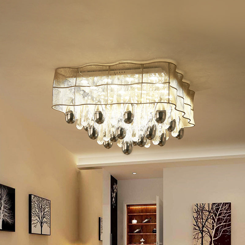 Sleek 15-Head Crystal Drip Flush Mount Ceiling Light With Beige Sheer Shade