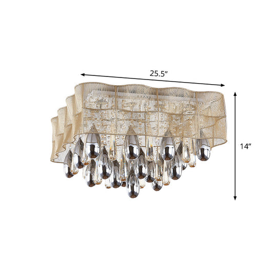 Sleek 15-Head Crystal Drip Flush Mount Ceiling Light with Beige Sheer Shade