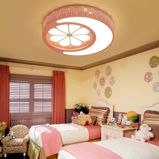 Children's Metallic Ceiling Lamp: Circular LED Flush Mount Light with Crescent and Flower Design for Girl's Bedroom