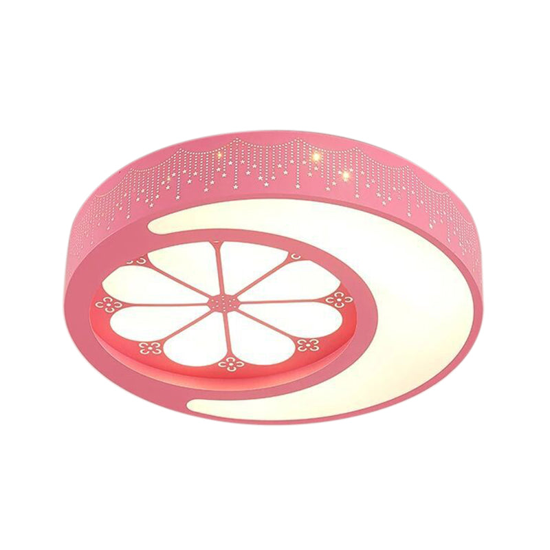 Children's Metallic Ceiling Lamp: Circular LED Flush Mount Light with Crescent and Flower Design for Girl's Bedroom