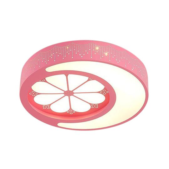 Children's Metallic Ceiling Lamp: Circular LED Flush Mount Light with Crescent and Flower Design for Girl's Bedroom