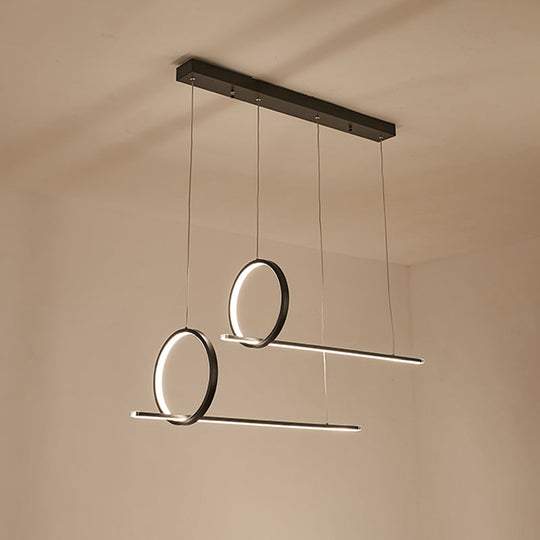 Minimalistic Iron Led Island Light Fixture: Linear And Ring Design - Black Finish 2-Head Hanging