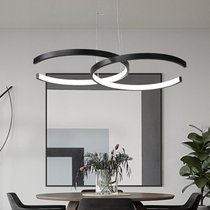 Dining Room LED Chandelier - Minimalist Black/White Drop Lamp with Dual C Acrylic Shade & Warm/White Light