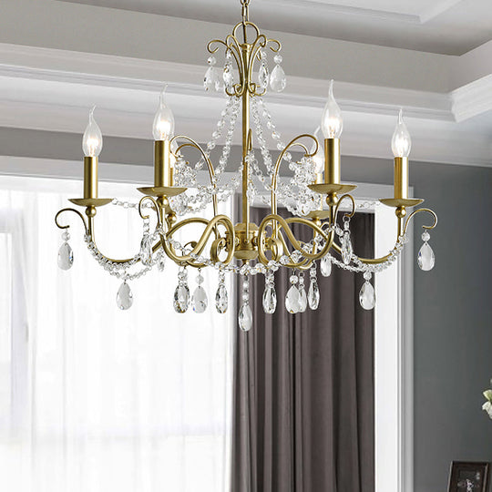 Traditional Candle Hanging Lamp - Metal Chandelier with Crystal Decor in Champagne (3/6 Heads)