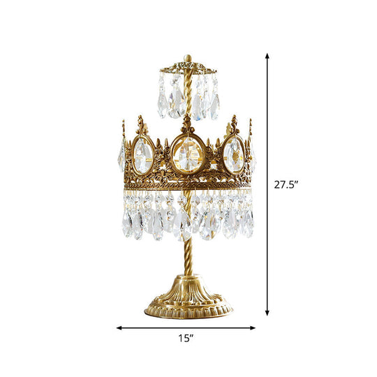 Vintage Crown Shaped Crystal Brass Nightstand Lamp - Bedroom Table Lighting