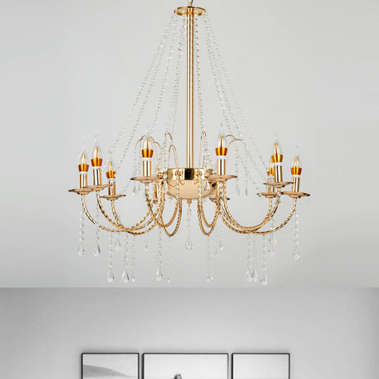 Retro Crystal Chandelier With 8 Hanging Candle Lights And Gold Swoop Arm