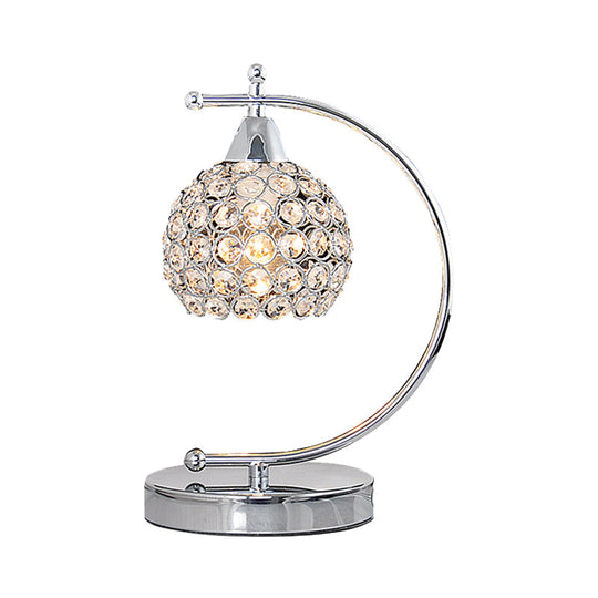 Nordic Domed Crystal Table Lamp - Small Desk Lighting With Arched Arm In Silver