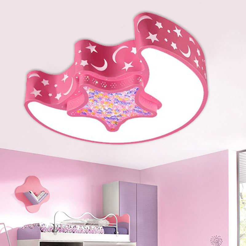 LED Nursery Flush Mount Fixture - Star and Moon Acrylic Shade - Warm/White Light - Simple White/Pink/Blue