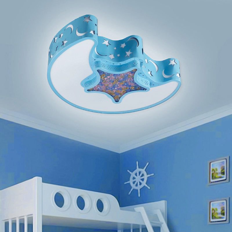 LED Nursery Flush Mount Fixture - Star and Moon Acrylic Shade - Warm/White Light - Simple White/Pink/Blue