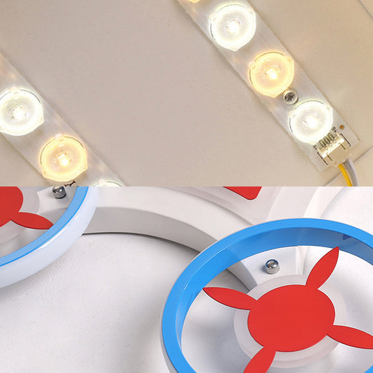 Kids Space Vehicle Ceiling Lamp: Blue and Red LED Flush Mount - Acrylic Metal Cartoon Light