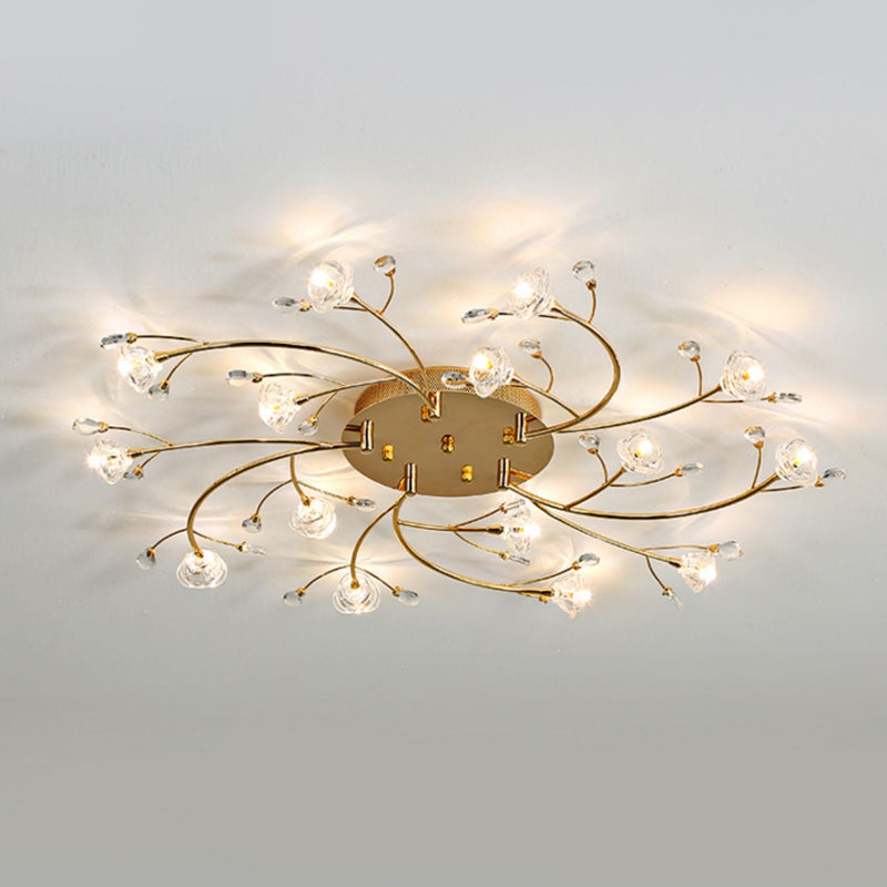 Gold Crystal Spiral Branch Flush Ceiling Lamp - Minimalist 15-Head Mounted Light"