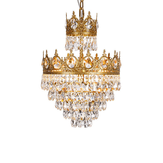 Tiered Tapered Chandelier with Clear Teardrop Crystals - Traditional Style, Gold Crown Top