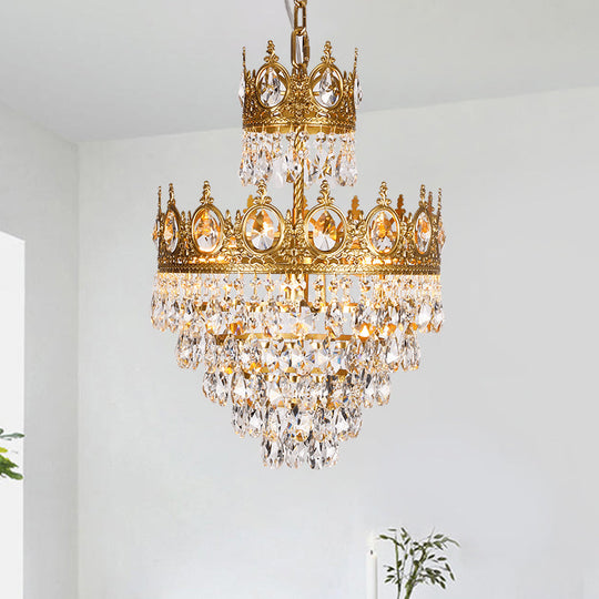 Tiered Tapered Chandelier - Clear Teardrop Crystal Hanging Lamp With Gold Crown Top 3-Light