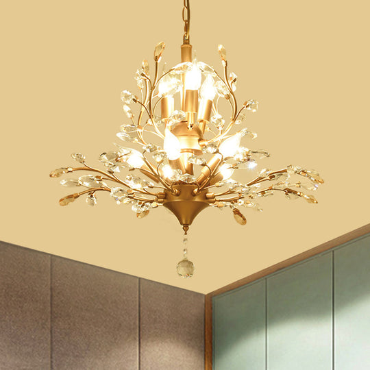 Gold Tree Crystal Pendant Light - Rural 8-Bulb Suspension Chandelier - 19.5"/21.5" High - Dining Table Ceiling Fixture