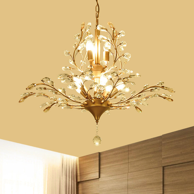 Gold Tree Crystal Pendant Light - Rural 8-Bulb Suspension Chandelier - 19.5"/21.5" High - Dining Table Ceiling Fixture