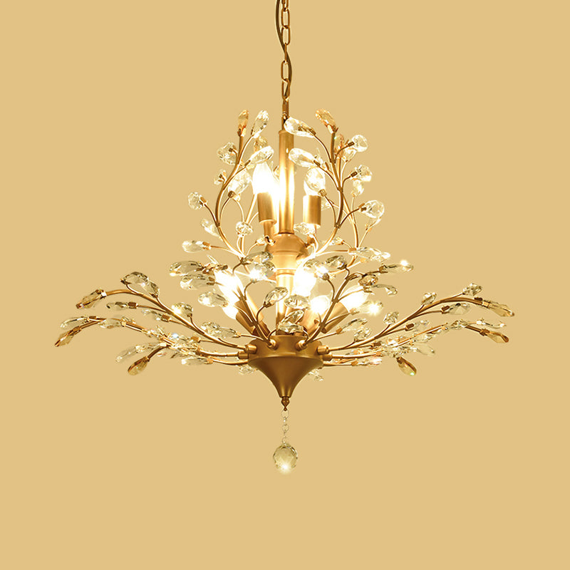 Gold Tree Crystal Pendant Light - Rural 8-Bulb Suspension Chandelier - 19.5"/21.5" High - Dining Table Ceiling Fixture