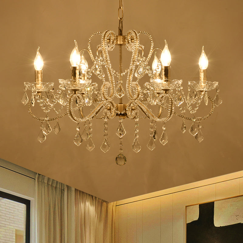 Victorian Style Crystal Chandelier - Champagne Scrolled Arm Suspension Lamp For Dining Room (6