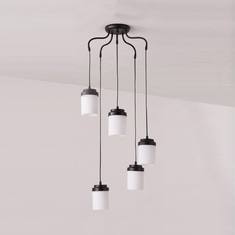 Contemporary Frosted Glass Pendant Lamp: Cylinder Shade Hanging Light In Black & White Perfect For