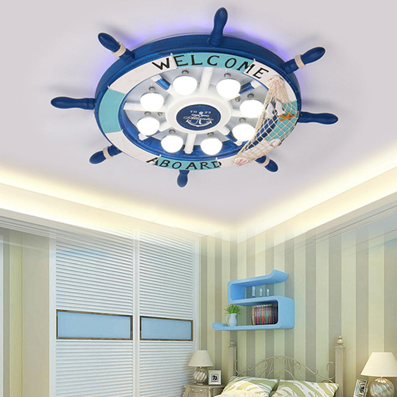 Nautical Style Flush Mount Light with Rudder Shape - 8 Lights Metal Ceiling Lamp for Nursing Room