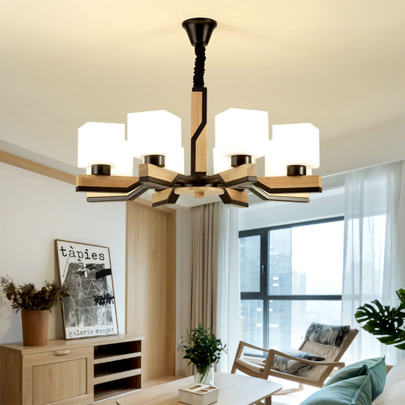 Nordic Cube-Shaped Ceiling Lamp with Wooden Chandelier for Living Room (3 or 5 Heads)