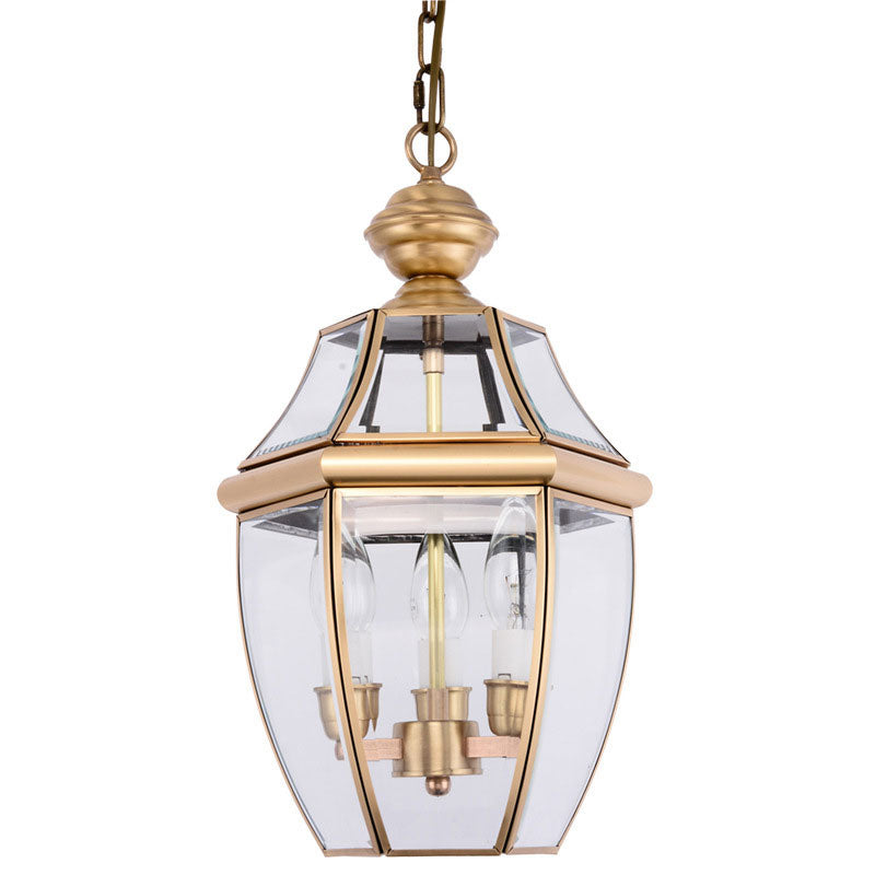 Colonial Gold Lantern Pendant Light With Clear Glass Chandelier For Hallway - Set Of 3 Bulbs