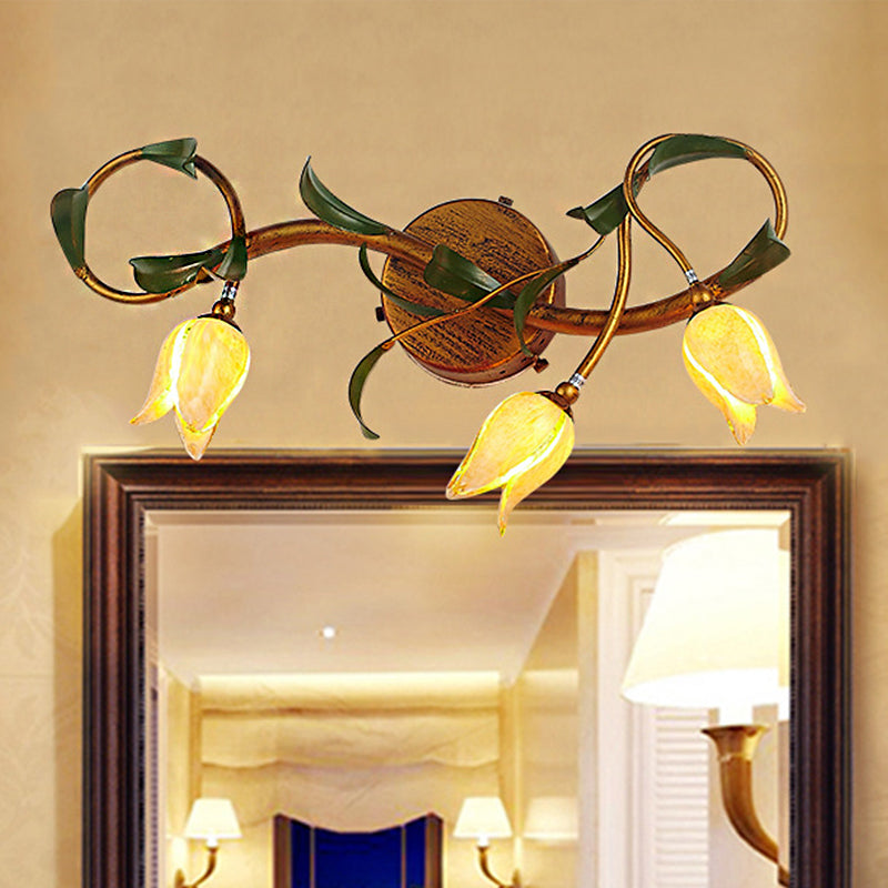 Yellow Flower Rustic Glass Sconce For Bathroom Wall - Swirled Gold Arm 3/5 Lights Fixture 3 /