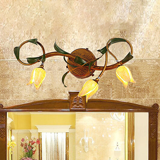 Yellow Flower Rustic Glass Sconce For Bathroom Wall - Swirled Gold Arm 3/5 Lights Fixture