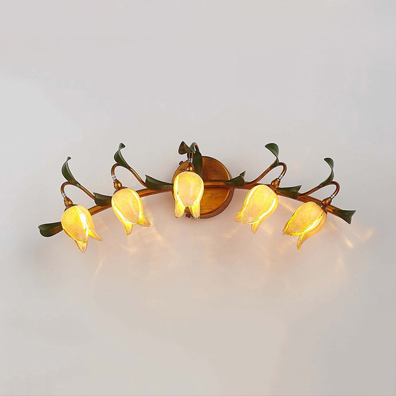 Yellow Flower Rustic Glass Sconce For Bathroom Wall - Swirled Gold Arm 3/5 Lights Fixture 5 /