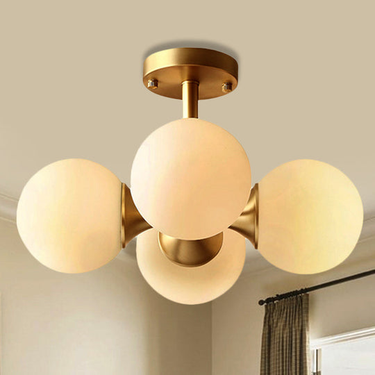 Traditional Semi-Flush Dining Room Ceiling Light with White Globe Glass Shade and Gold Finish