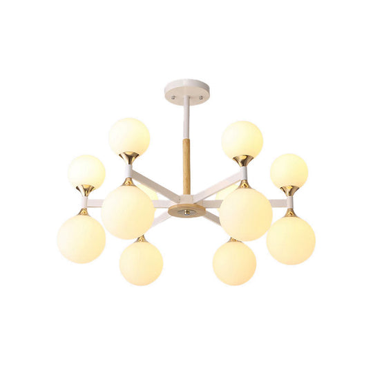 6/12-Light Glass Ball Chandelier - Wood And Metal Pendant Lamp For Restaurants