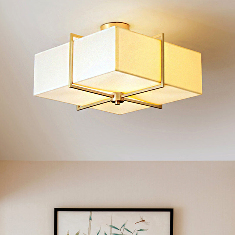 Traditional Brass Semi Flush Ceiling Light Fixture for Living Room with Rectangle Fabric Shade - 4 Lights