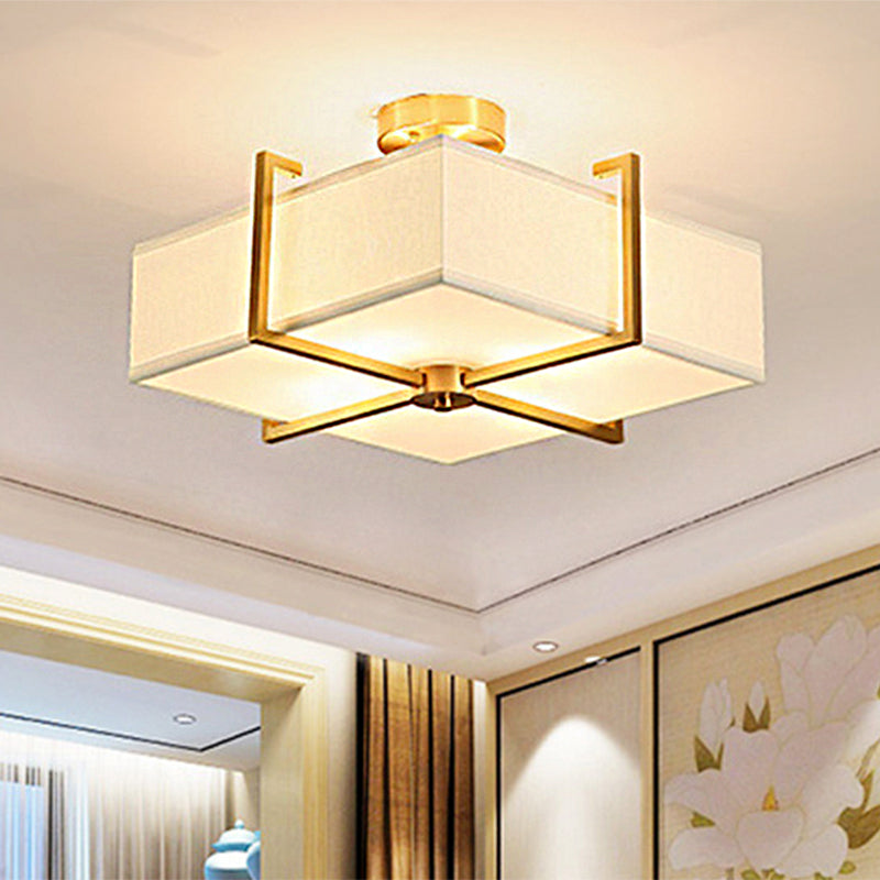 Traditional Brass Semi Flush Ceiling Light Fixture for Living Room with Rectangle Fabric Shade - 4 Lights