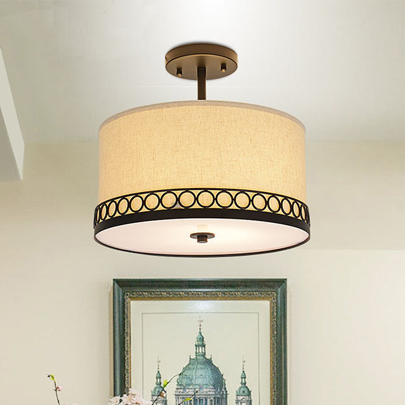 Traditional Fabric Drum Semi-Mount Ceiling Lamp - White, 5 Lights for Living Room