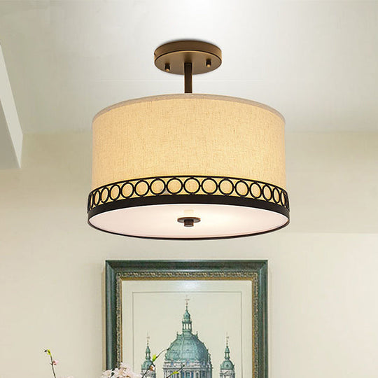 Traditional Fabric Drum Semi-Mount Ceiling Lamp - White, 5 Lights for Living Room