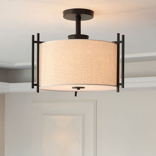 Traditional Flaxen Fabric Drum Ceiling Mount Light for Living Room