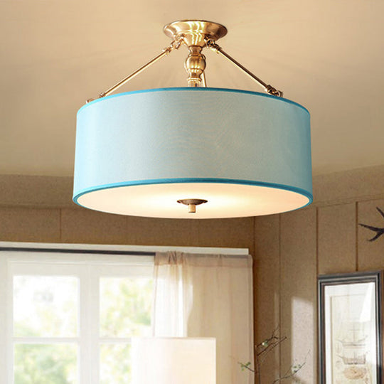 Blue Fabric Drum Semi Flush Ceiling Light with 4 Lights for Corridor