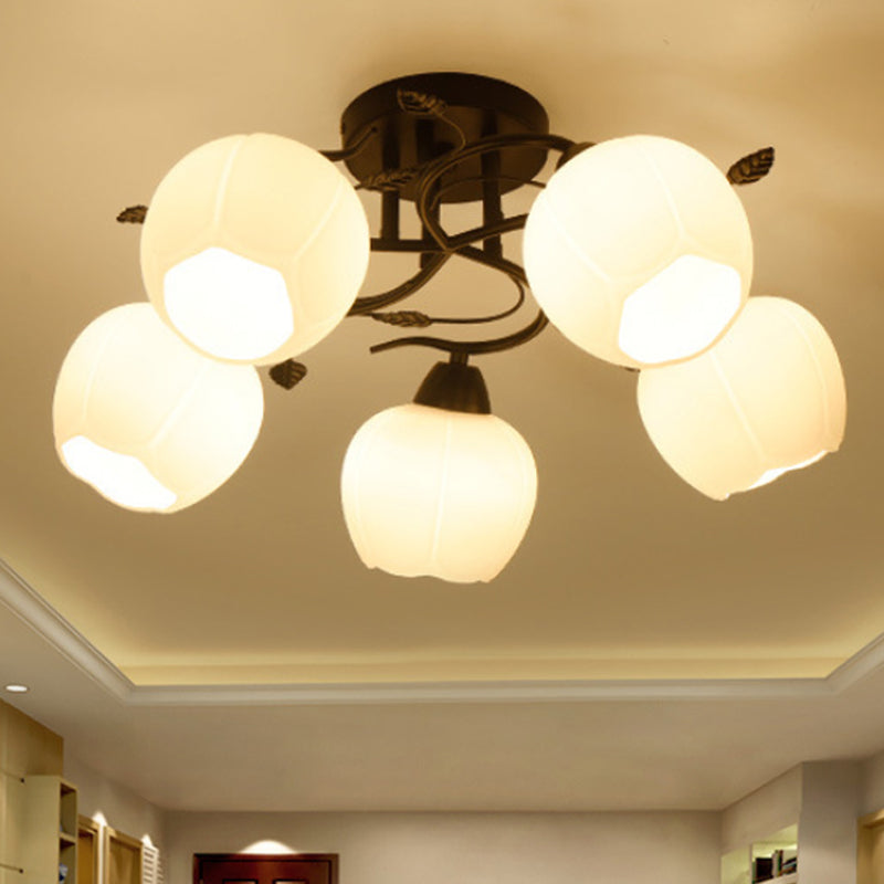 Traditional White Glass Semi Flush Ceiling Light for Living Room - 1 Light Globe Fixture