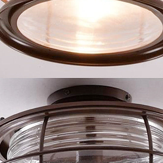 Dark Coffee Caged Metal Semi Mount Ceiling Light For Classic Living Room 1-Light