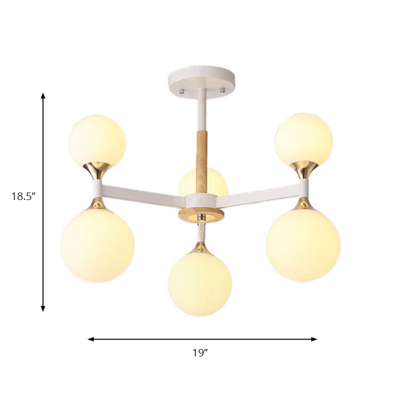 6/12-Light Glass Ball Chandelier - Wood And Metal Pendant Lamp For Restaurants