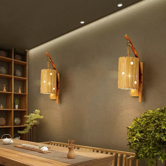 Bamboo Wall Lamp: Wood Cylinder/House/Teapot Sconce Light Fixture With Curved Arm / A