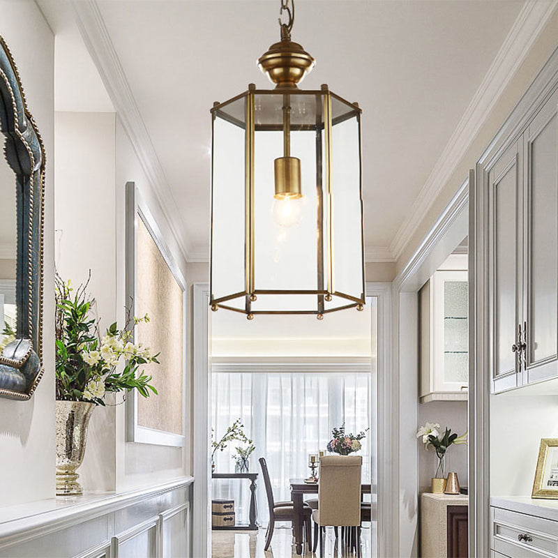 Traditional Brass Lantern Pendant Light With Clear Glass - Ceiling Hanging Fixture